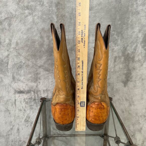 Vintage Justin Ostrich Cowboy Boots Mens 10.5 D Two tone tan full quill * - Picture 8 of 16